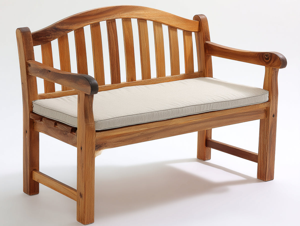 Gartenbank aus Holz 130x62x90 cm - Braun und Cremeweiß - Zweisitzer mit Sitzauflage und geschwungener Rückenlehne