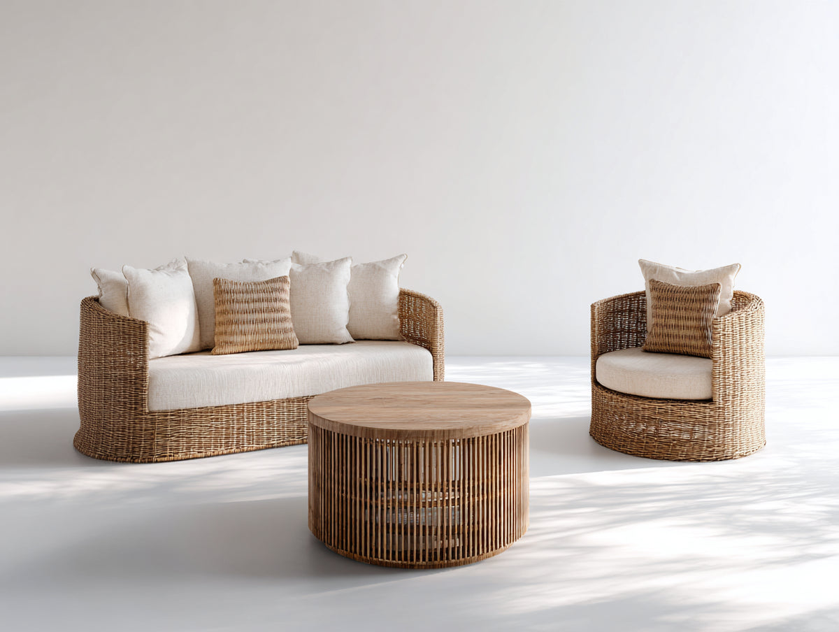 Gartensofa Set aus Polyrattan 180x80x78 cm - Naturbraun und Cremeweiß - Mit Gartensessel und rundem Gartentisch