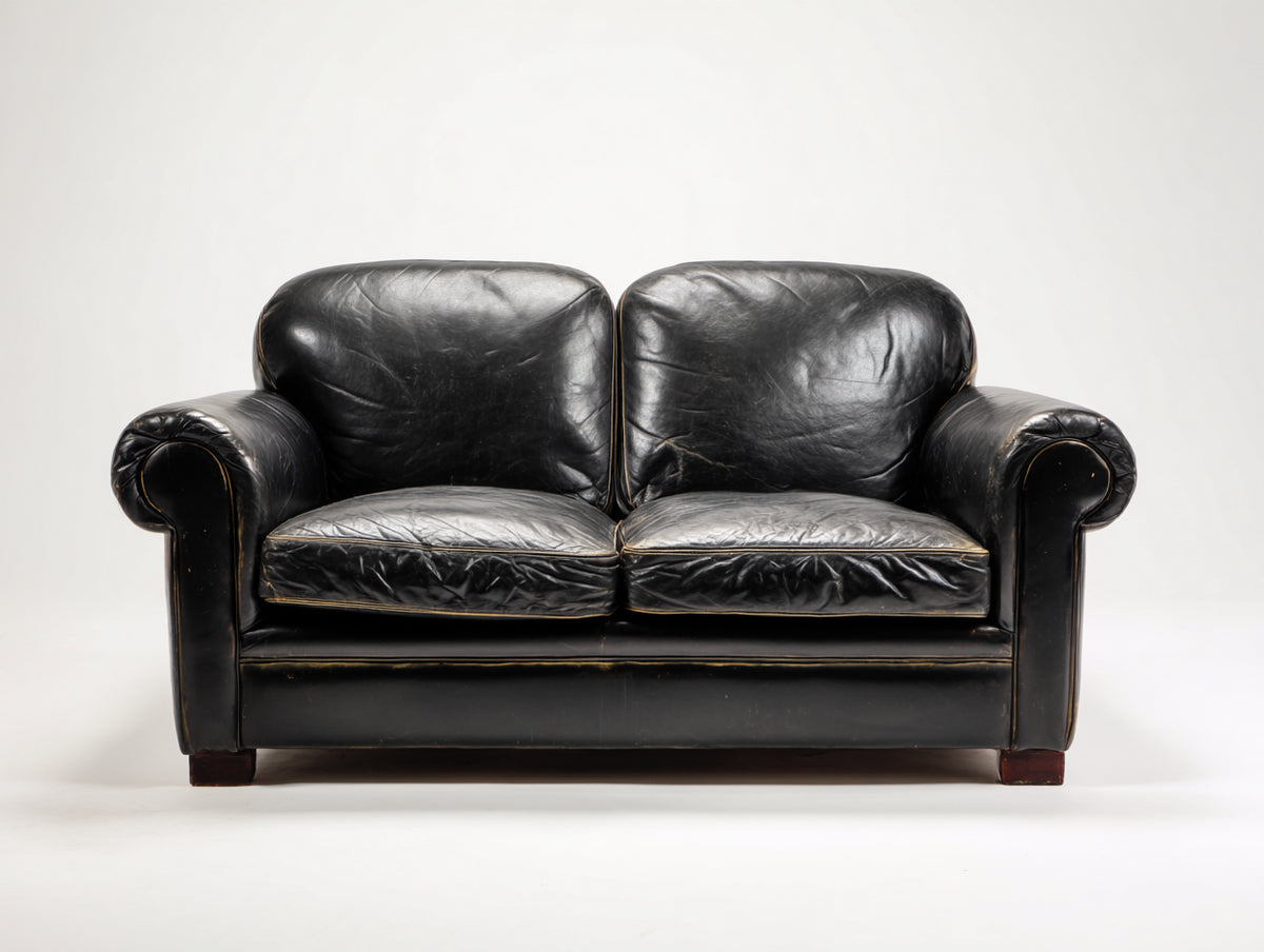 Zweisitzer Sofa mit Lederbezug 175 x 88 x 86 cm - Schwarz-Dunkelbraun - Gepolsterte Sitzflächen und gerollte Armlehnen