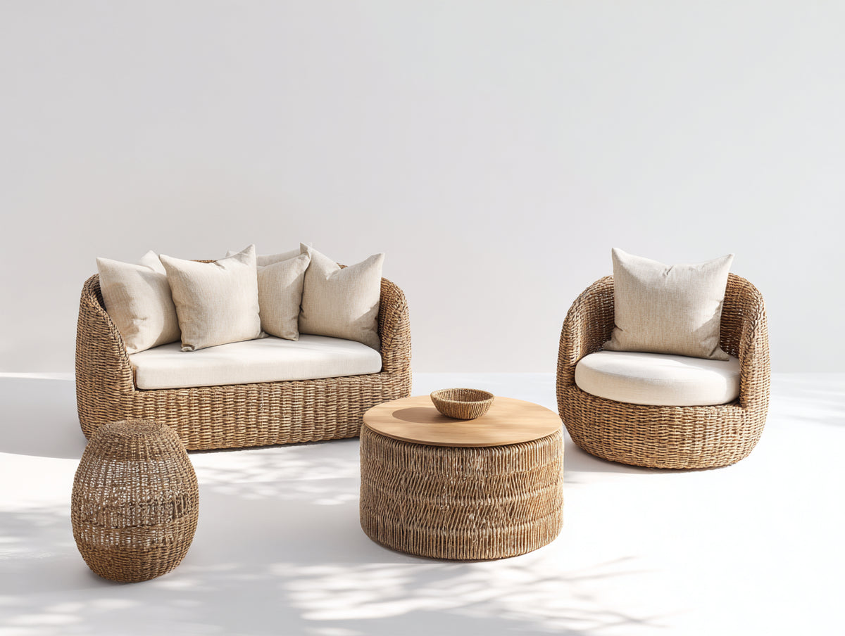 Gartensofa Set aus Polyrattan 165 x 82 x 78 cm - Natur-Creme - 4-teilig mit Sessel Tisch und Beistelltisch