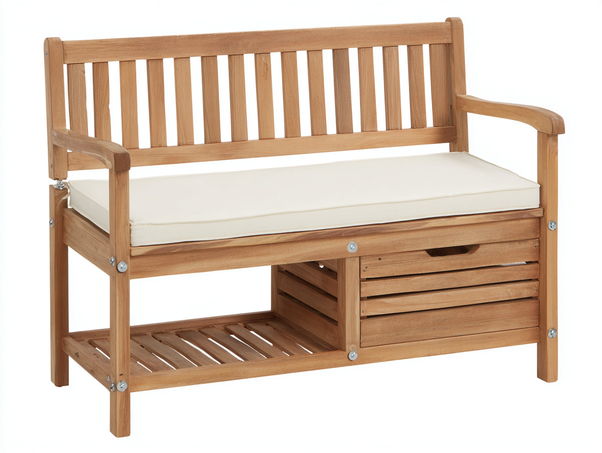 Gartenbank aus Holz 130x60x90 cm - Naturholz und Cremeweiß - Zweisitzer mit Sitzauflage Schublade und Ablagefach